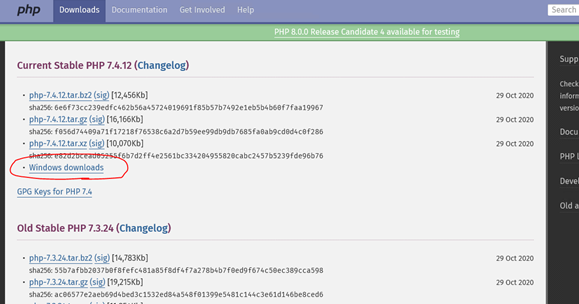 Current Stable PHP Windows download