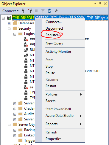 Regster SQL Server connection